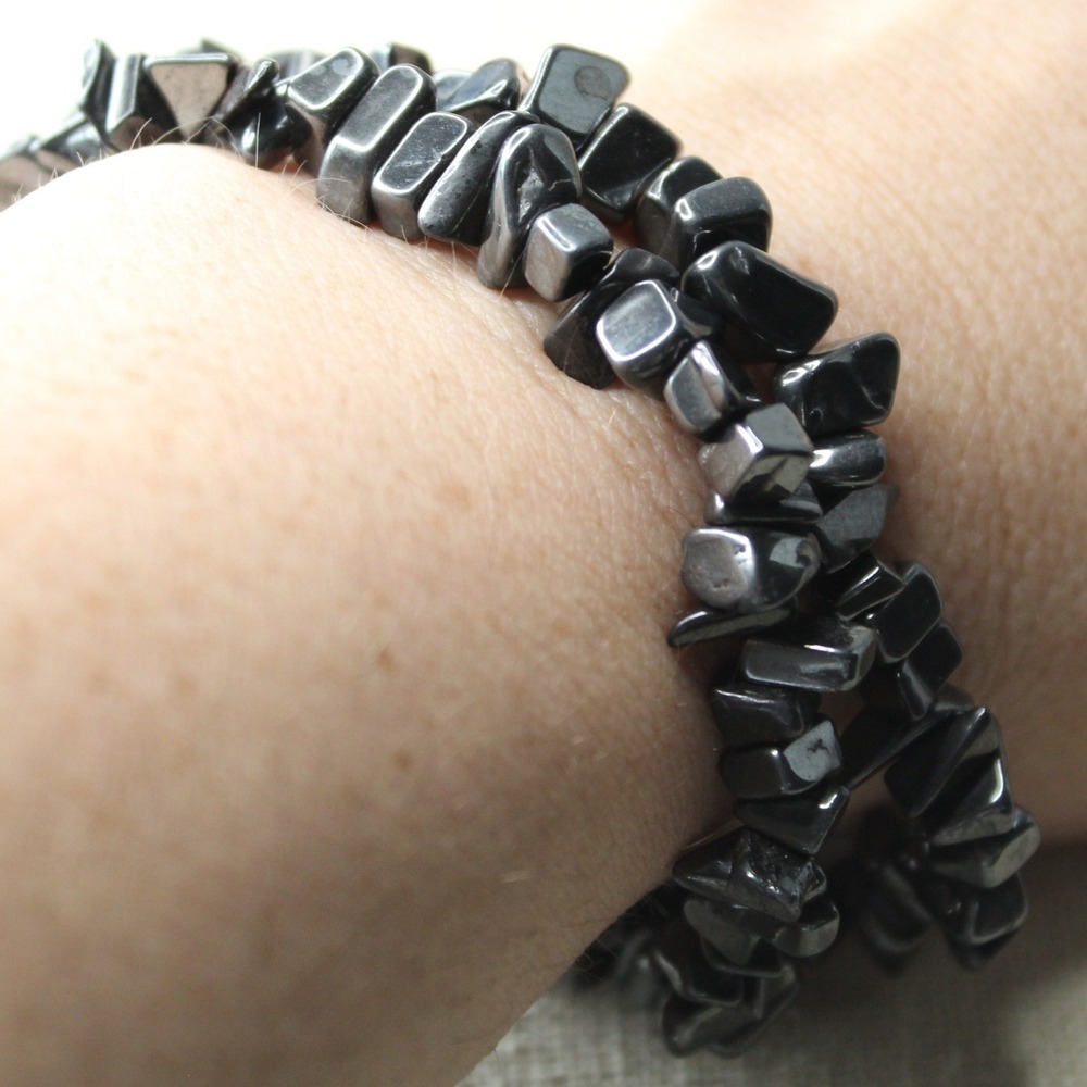Hematite Chip Bracelet Set 7 Inch Black Stone Elastic Stretch Boho Goth‎ Jewelry